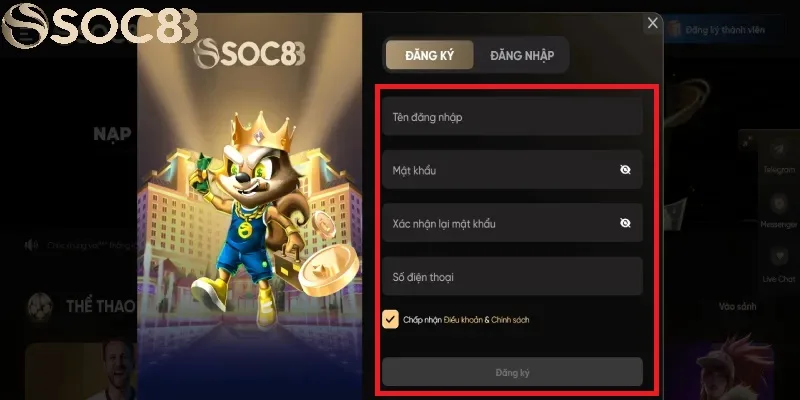 Mở tài khoản trên website của SOC88